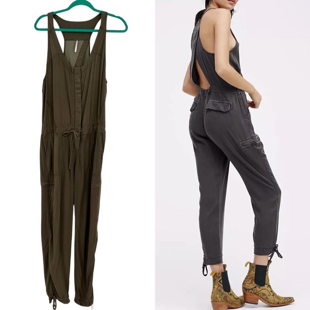 Free People Roaring Rayon Utilitarian‎ jumpsuit Olive Green Drawstring Size 4